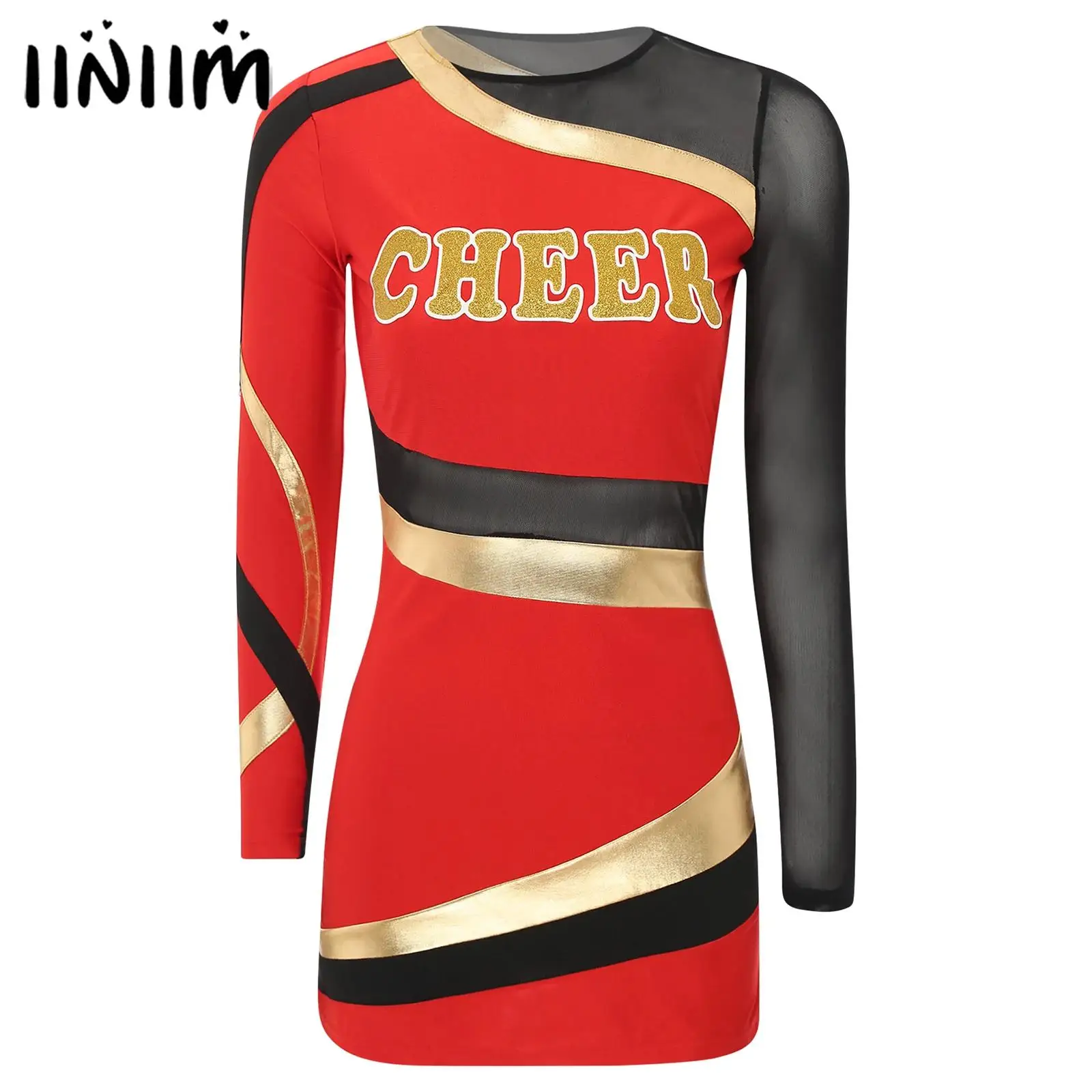 

Womens Cheerleading Uniform Speed Driving Race Dress Long Sleeve Printing Mesh Metallic Patchwork Bodycon Dress Halloween