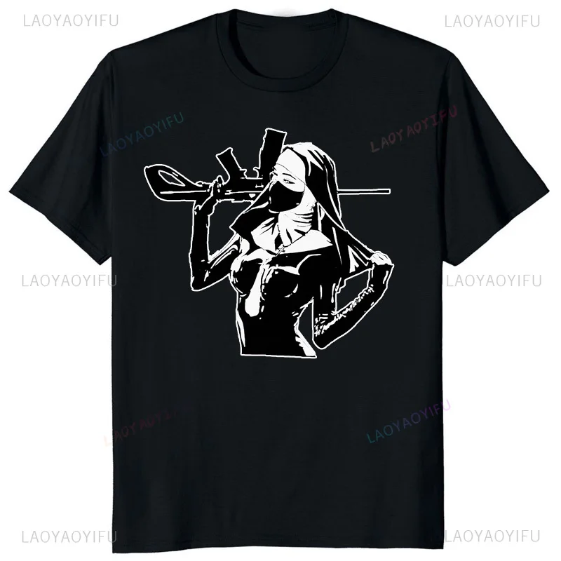 Cartoon Nun Nonne Religieuse Pin Up Men T Shirt Church of Satan Anton Lavey Satanic Occult Goth Gothic Tees Classic Cotton Tops