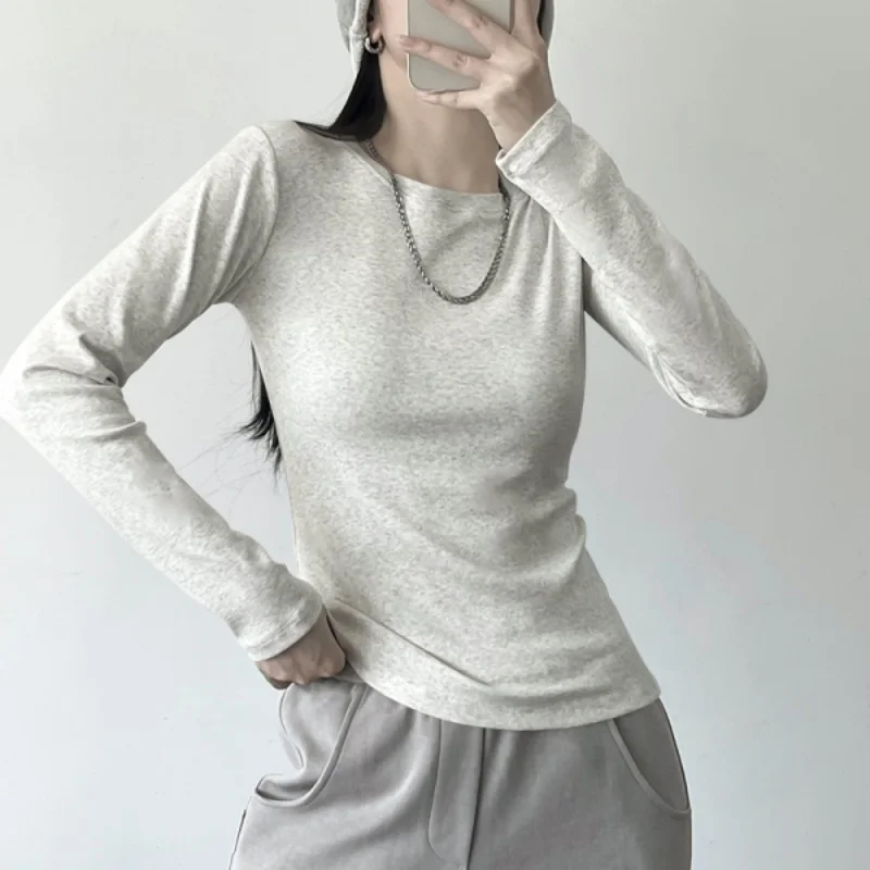 Threaded Cotton Long Sleeve Bottom Shirt Women's Autumn Winter Inside Round Neck t-shirt Tops Slim Basic Models Soft