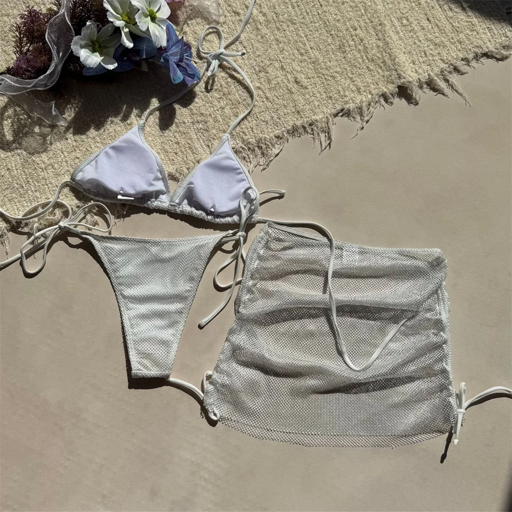 Microbikini con cordón brillante para mujer, traje de baño Sexy con espalda descubierta, traje de baño de malla para cubrir, traje de baño para vacaciones, Bikinis negros de 3 piezas