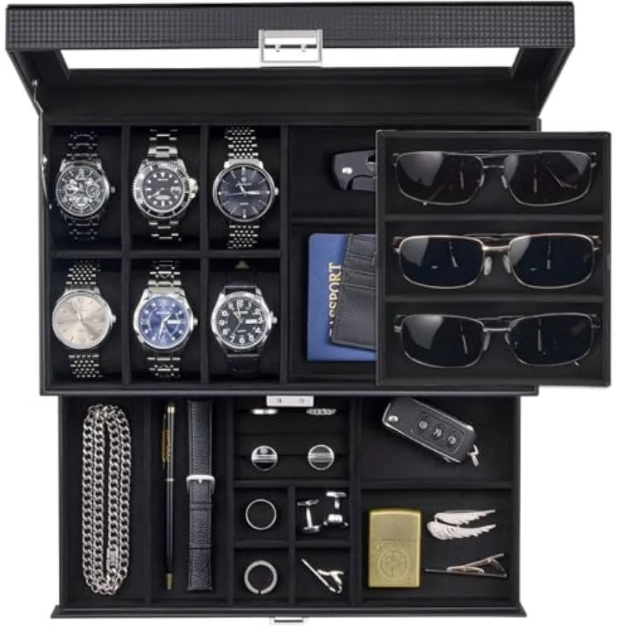 

Mens Jewelry Box, Lockable 6 Slot Watch Case and 3 Slot Sunglasses Organizer, 2-layer Mens Jewelry Organizer Watch Box for Men,