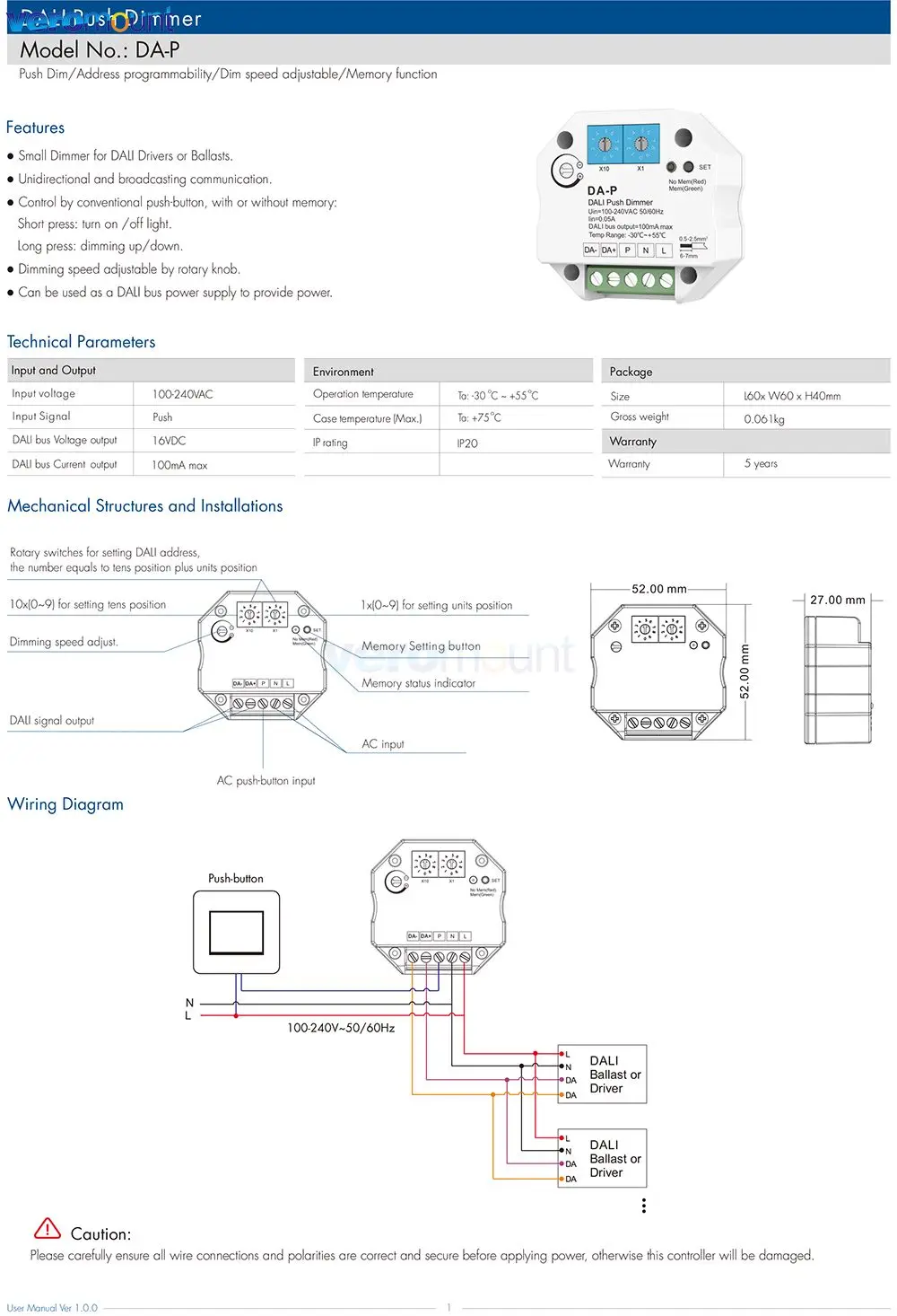 Skydance DA-P DALI Push LED Dimmer AC 110V 220V with Memory Function for DALI Driver or Ballasts Dimming Speed Adjustable Dimmer