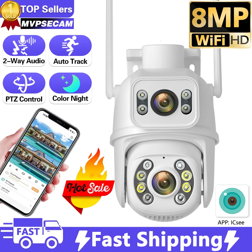 

8MP 4K Dual Lens WIFI Surveillance Camera Dual Lens Remote Access Color Night Vision PTZ HD Security CCTV Surveillance Camera