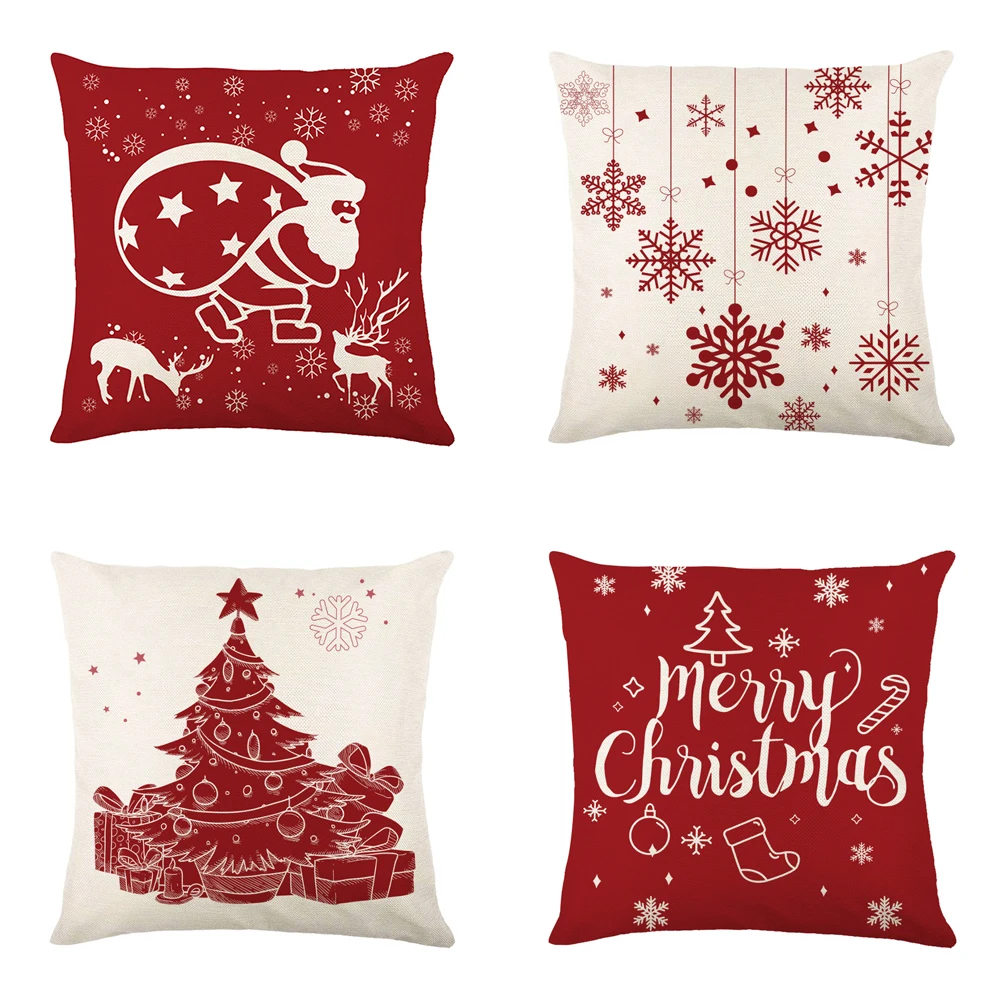 Red Christmas Pillow Cover Linen Printed Home Sofa Throw Cushion Car Headrest Office Cushion Cover Funda Cogines De 45x45