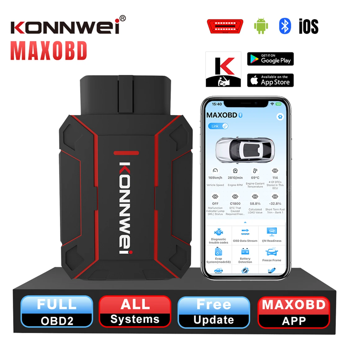 KONNWEI MAXOBD Car OBD Deep Scan Diagnostic Tool Bluetooth Connectivity Battery Monitoring Vehicle Monitoring Car OBD2 Scanner