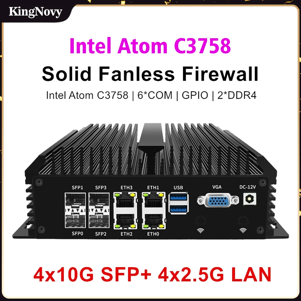 pfSense Firewall Router 4x10G SFP+ 4xi226-V 2.5G LAN Intel Atom C3758 8 Core Home Server Fanless Mini PC GPIO 6*COM AES-NI