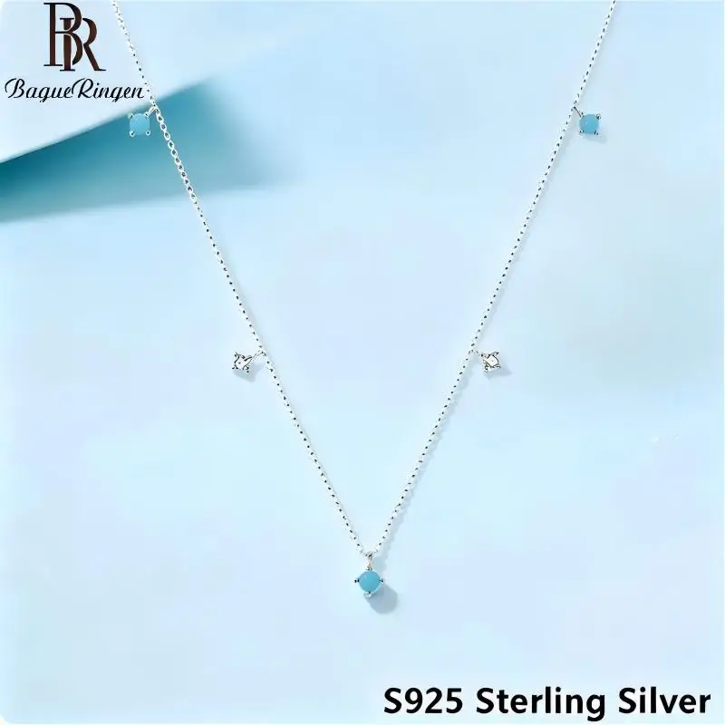 BR New S925 Sterling Silver Turquoise Inlaid Collar Chain, Japanese and Korean Popular Fashion Simple and Versatile Ins Necklace
