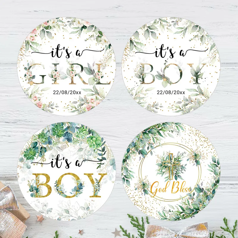 

Wedding Round Sticker Green and Golden Birthday Party Eucalyptus Party Cake Decor Labels Boy & Girl Baby Shower Baptism Stickers