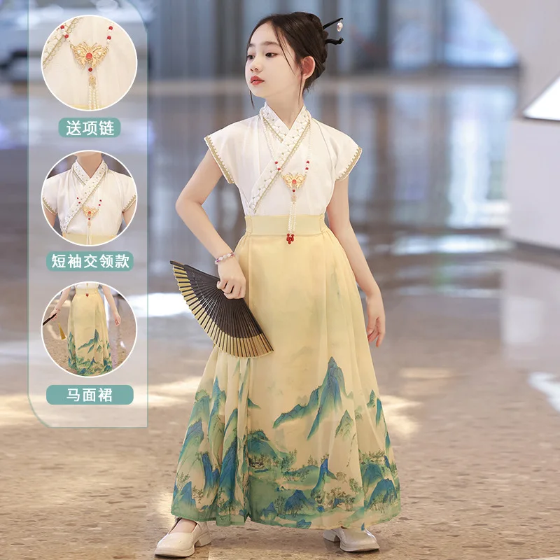 

Horse Face Skirt Vinatge Chinese Ming Dynasty Girls Party Hanfu Dress New Kids Daily Set Children Hanfu Suit Student Uniforms