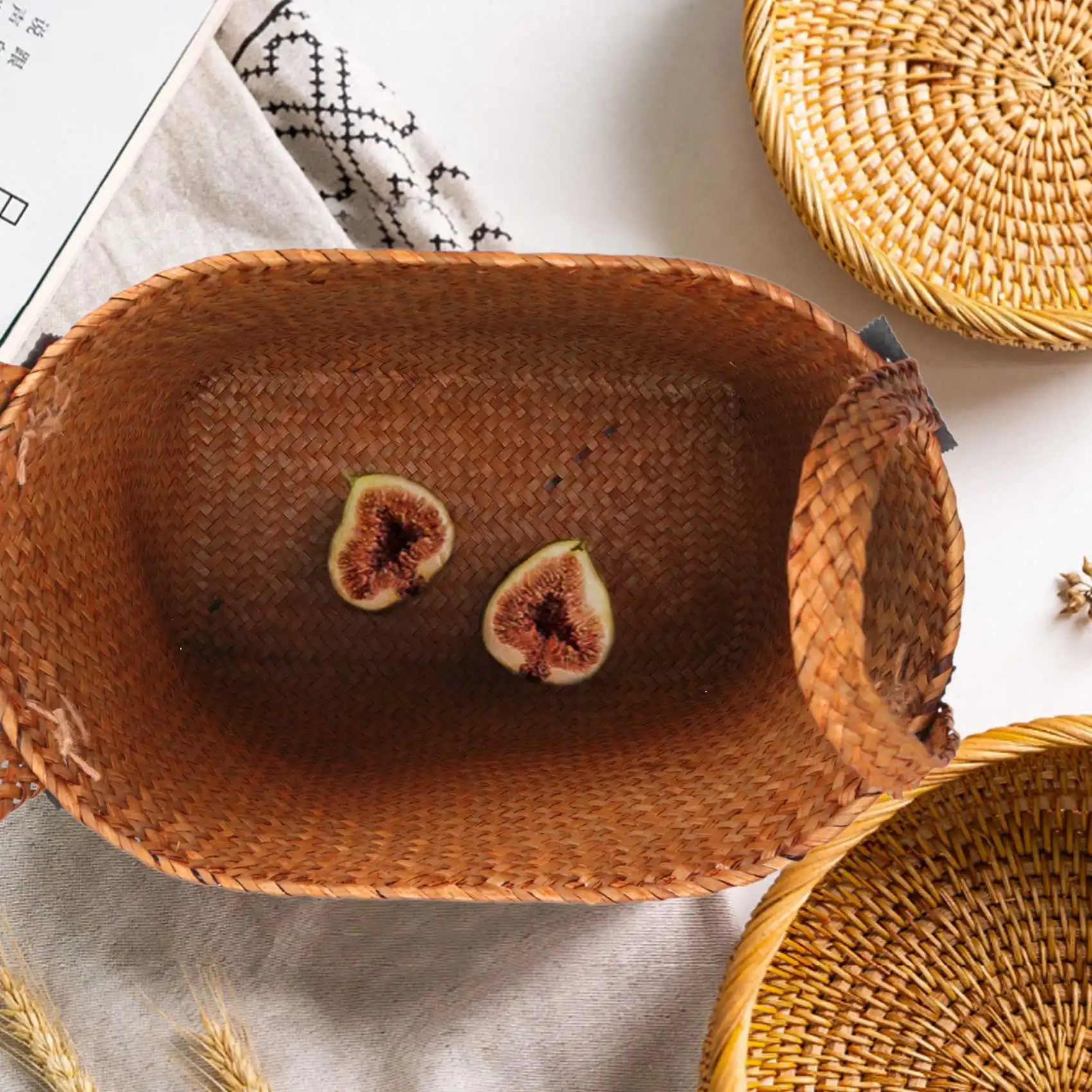 

Natural Straw Basket Bin Handmade with Handgrip Orange 33X21X26cm