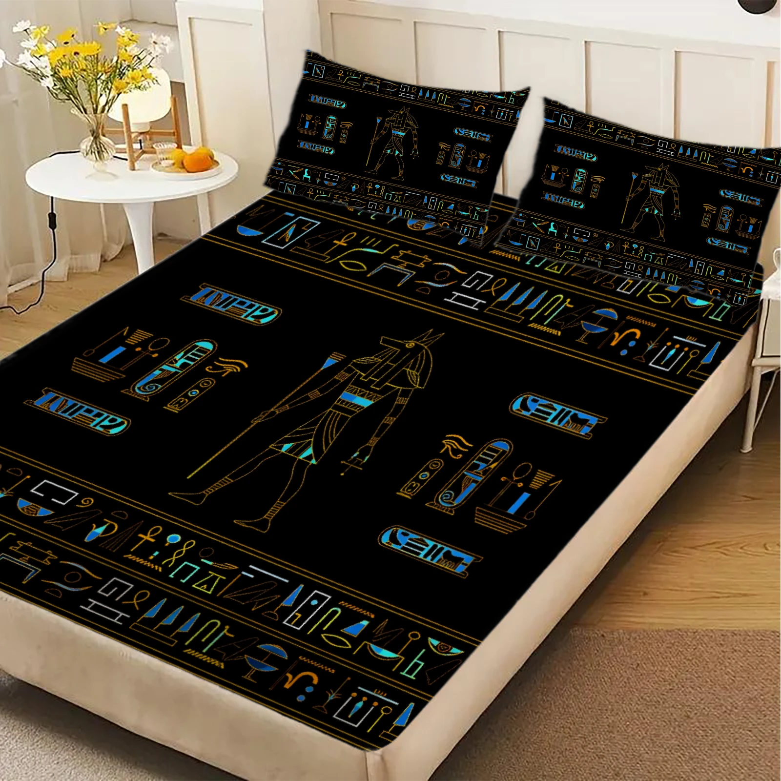 1 Piece Ancient Egyptian Anubis Hieroglyphs Fitted Sheet Black Gold Blue Vintage Bedding Soft Microfiber For Bedroom Decor