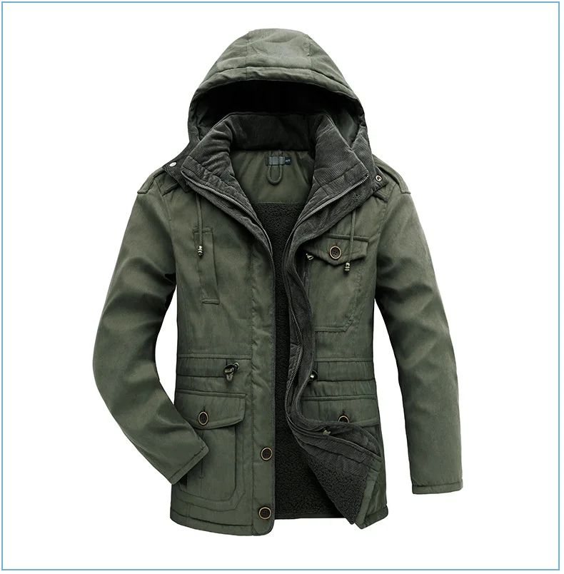 Men Oversized Hooded Lamb Fleece Parkas Men Thick Multi Pocket Mid Length Outerwear Winter Thick Parkas Males Thermal Parkas