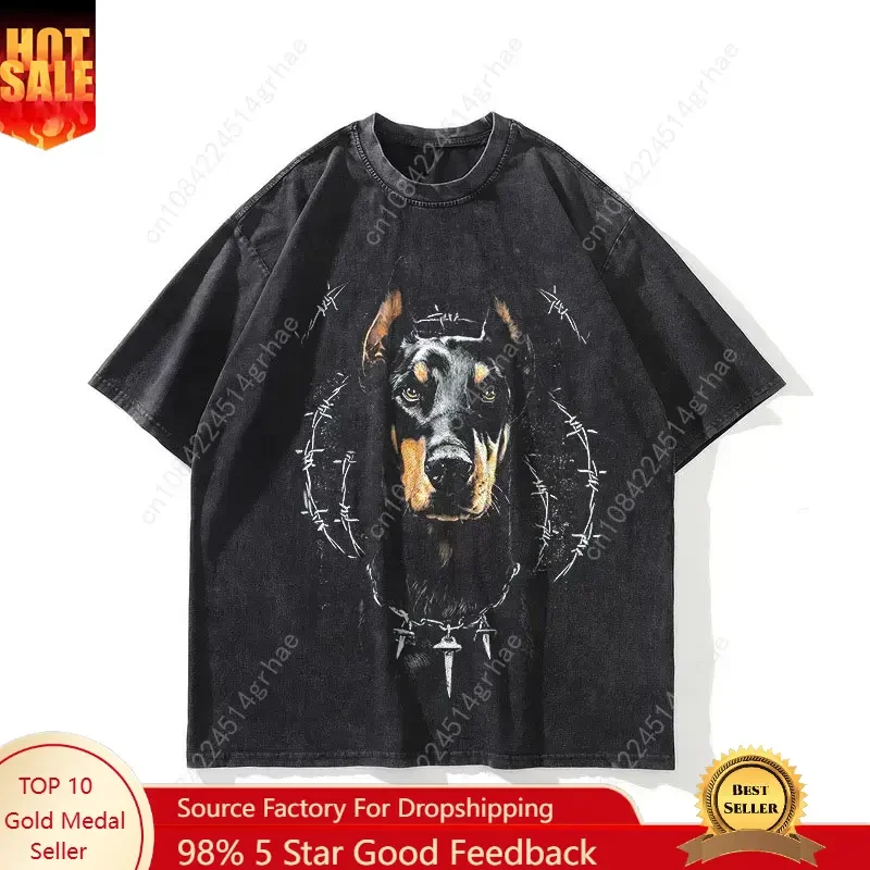 Classic Pug printed short-sleeve T-shirts for men and women high-quality washed retro crewneck casual printed T-shirts