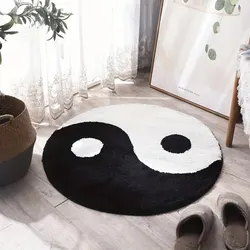 Yin and Yang Symbol Fluffy Circle Soft Rug Black and White Circle Digital Carpet for Bedroom with Chinese Characteristic