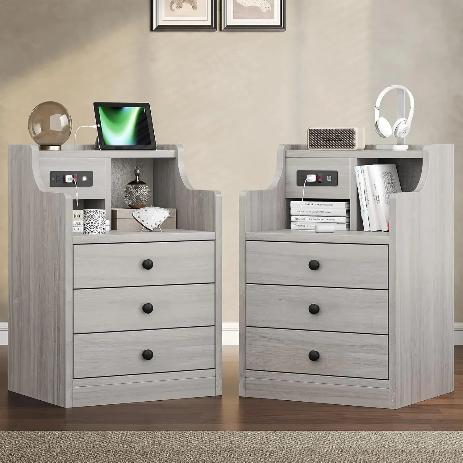 Nightstand Set 2, Grey Night Stands with Hutch and Charging Station, Nightstand with 3 Drawers for Bedrooms Set of 2, M