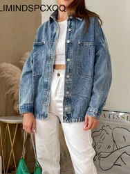 2023 Jean Jacket Female Clothes Loose Denim Coat Spring Women Solid Casual Shirt Jacket Blue Clothing Big Pocket