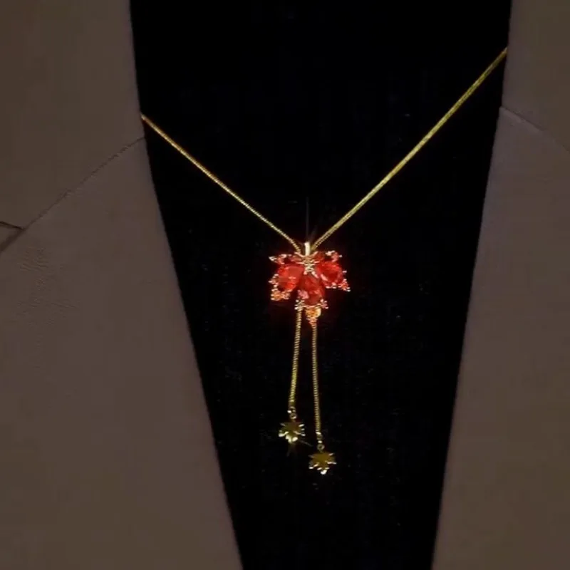 Elegant Red Maple Leaf Pendant Adjustable Slide Fastening Layering Statement Necklace for Women Designer Inspired Jewelry Gift