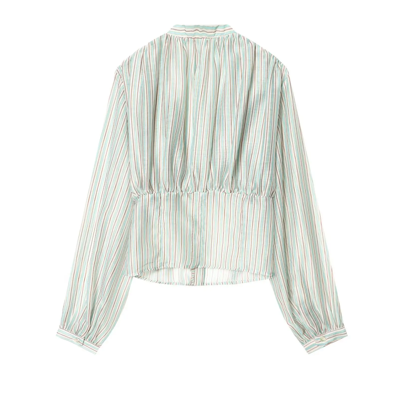 Women's Fashion Waist-Cinching Shirt Women Blue Green Stripe V Neck Tie Front Long Sleeve Shirt Button Down Casual Blouse 9B60
