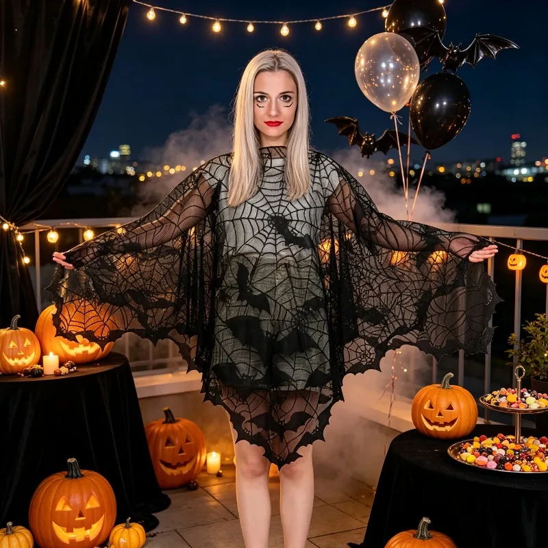 Women's Lace Skull Cape Digital Print Soft Polyester Fiber and Bone Pattern Details Perfect for Halloween Parties and Day