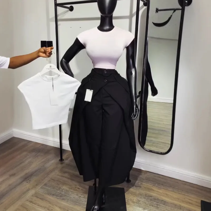Elegant 2026 Summer Women Cross Over Wrap Waist Wide Leg Pants Double Button Irregular Flap Draped Loose Work Suit Trousers