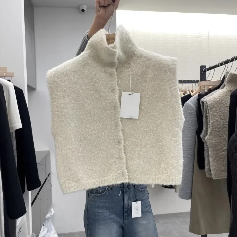 Spring Autumn Women Knitted Open Cardigan Sweater High Collar Sleeveless Vest Design Sense Korean Casual Commute Fit Outerwear