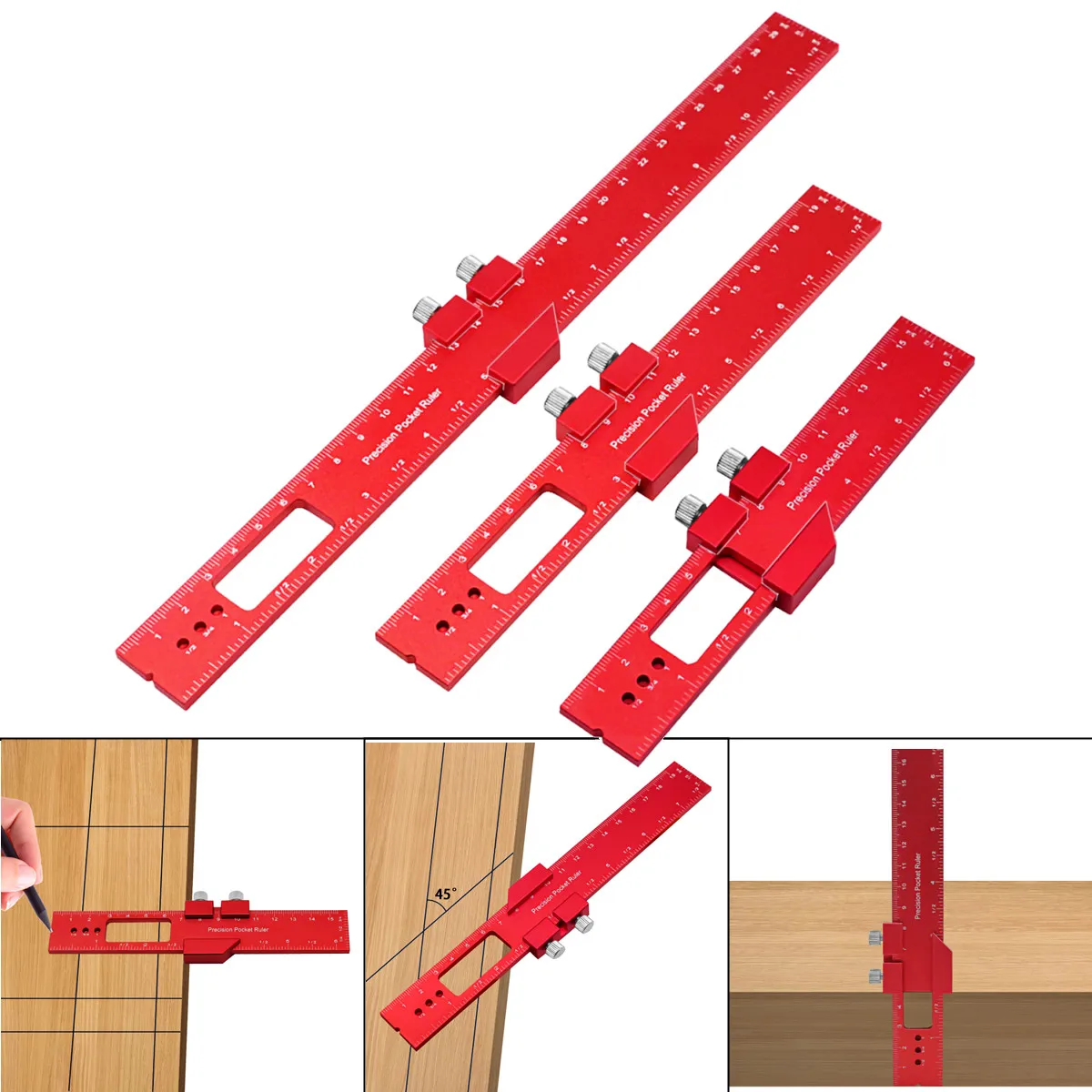 Woodworking Ruler Precision Pocket Rule - 6/8/12 Inch Aluminum Metal Slide Stop Marking Ruler Metric Inch Measuring Tools