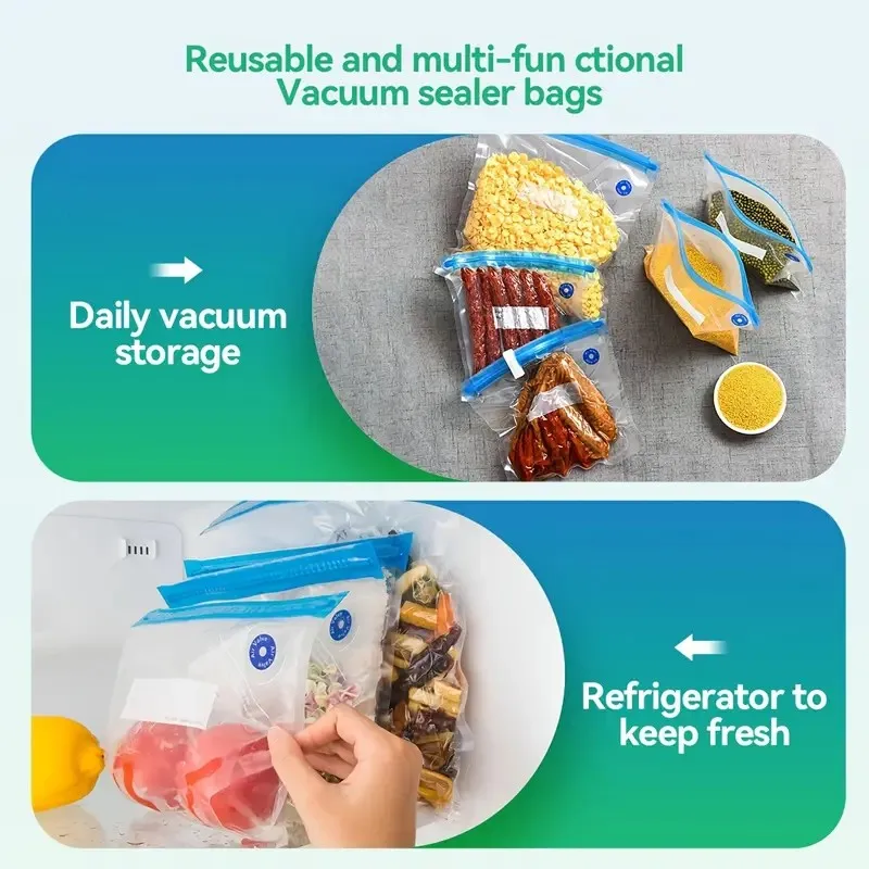 ถุงซีลสูญญากาศ 5 ถุง + เครื่องซีลสูญญากาศไฟฟ้า 1 ใบ + คลิป 1 ใบ, ถุงเก็บอาหารที่ทนทานแบบใช้ซ้ําได้, ถุงเก็บอาหารเกรดใส
