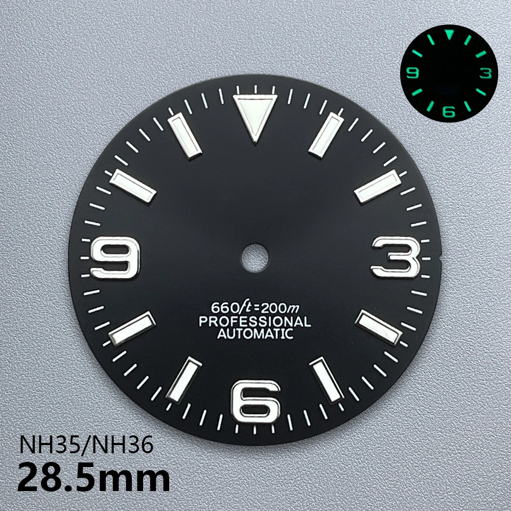 28.5mm S Logo Ex plorer Sunray Dial Suitable For NH35/NH36 Japanese Movement Green Luminous Watches Modification Accessories