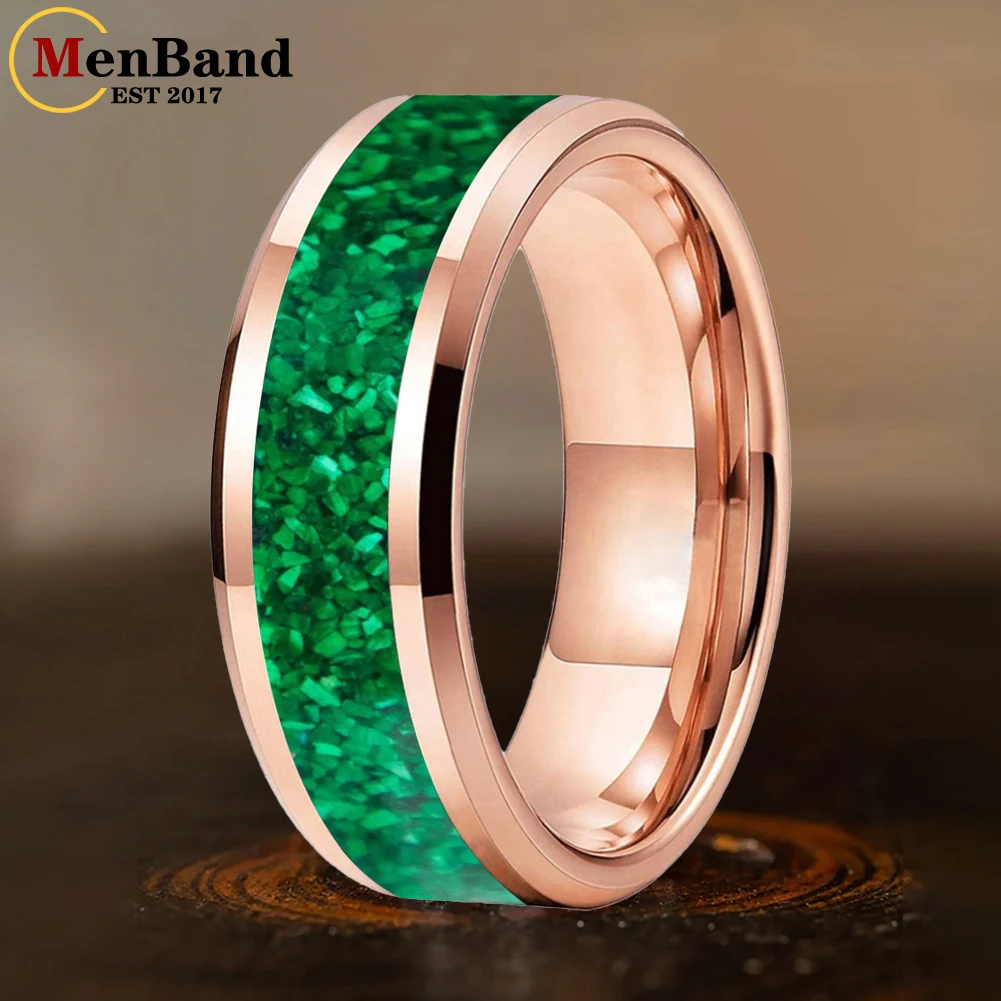 MenBand 6/8mm Green Opal Inlay Beveled Polished Black Tungsten Ring for Men Women Fashion Engagement Wedding Band