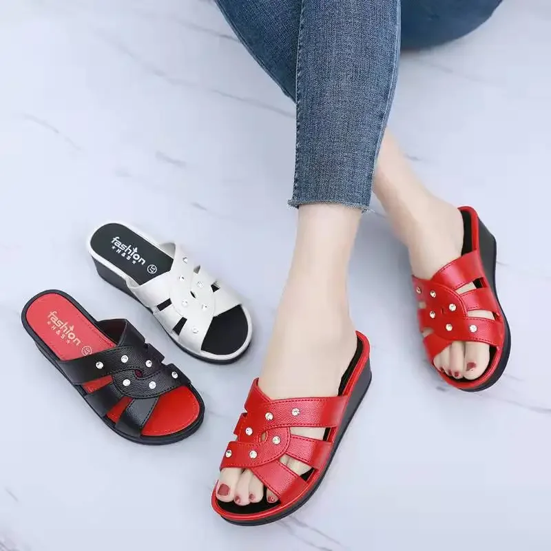 Female Summer Rhinestone Slippers High Heel Thick Bottom Solid Colour Shoes Round Head Comfort Sandals Sapato Femininas