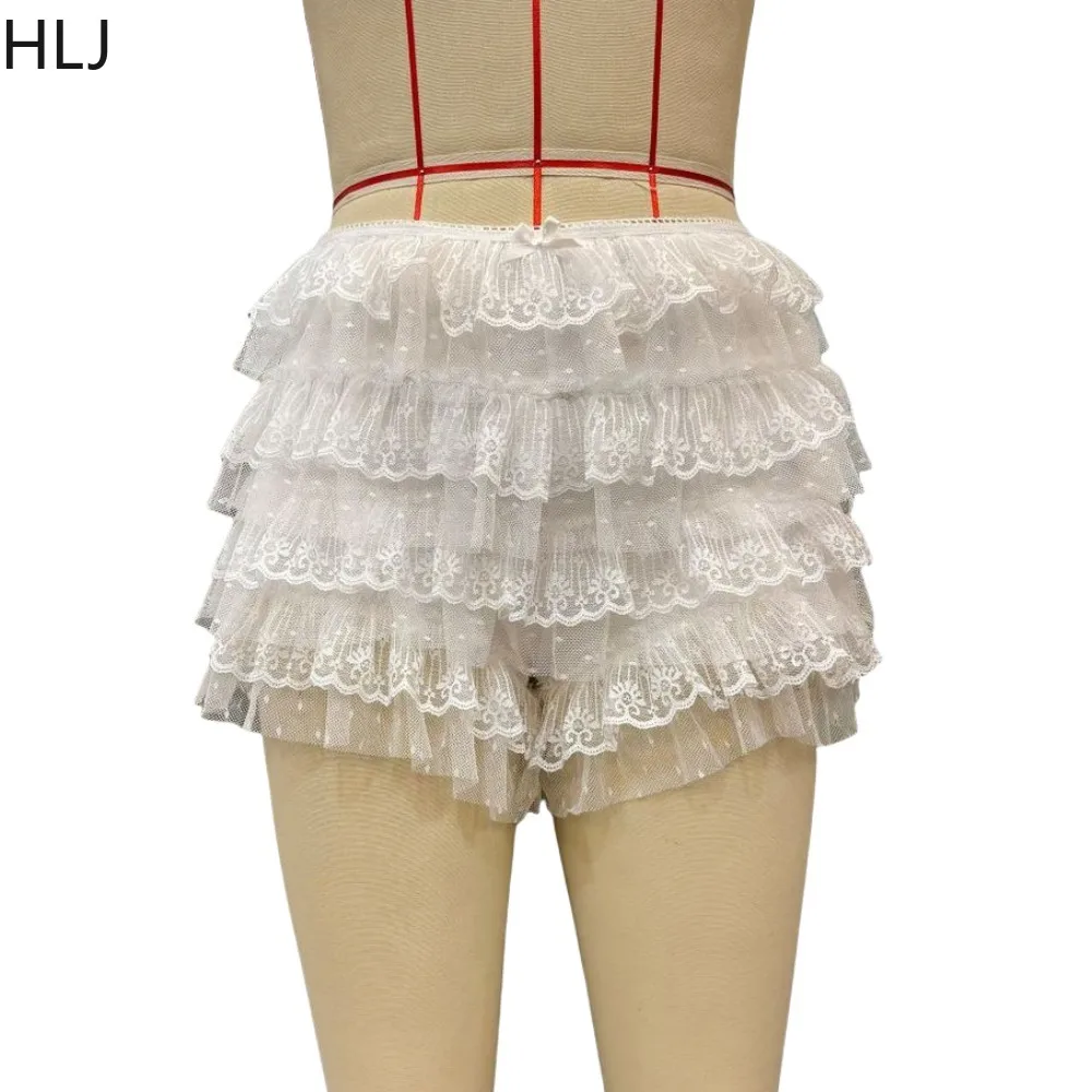 HLJ Sweet Fashion Lace Ruffle Shorts Two Piece Sets For Women Spaghetti Strap Bodysuits And Shorts Outfit Female 2pcs Streetwear