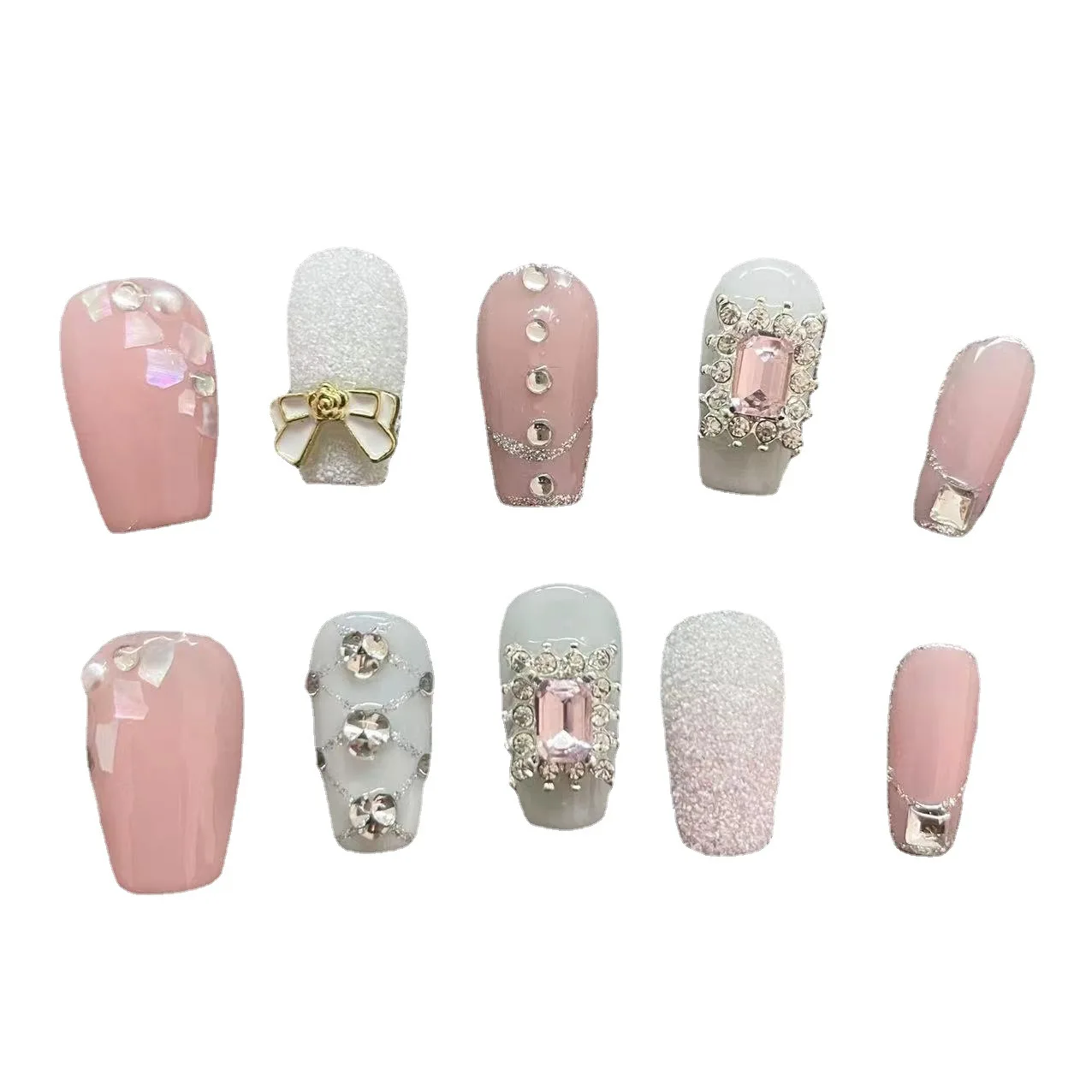 10Pcs Pink Handmade Press On Nails Short Glitter French Fake Nails Full Cover 3D Diamond Butterfly Design Wearable Nail Tips Art