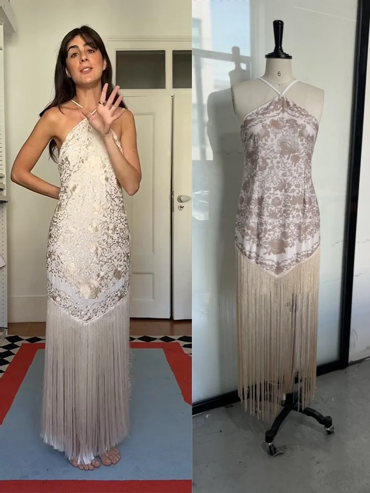 

Blue Print Tassels Halter Dresses Fashion Off Shoulder Backless Slim Fit Irregular Women's Vestidos 2025 New Lady Evening Gowns