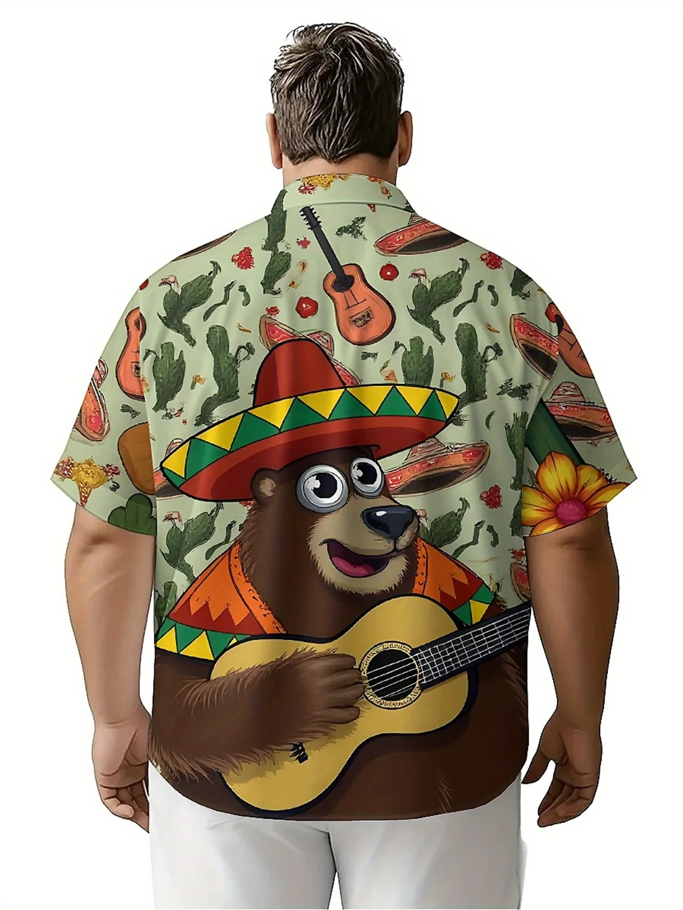 Men's Plus Size Hawaiian Shirts Bear Playing Guitar Pattern,New Summer Fashion Tops,Hip Hop Streetwear
