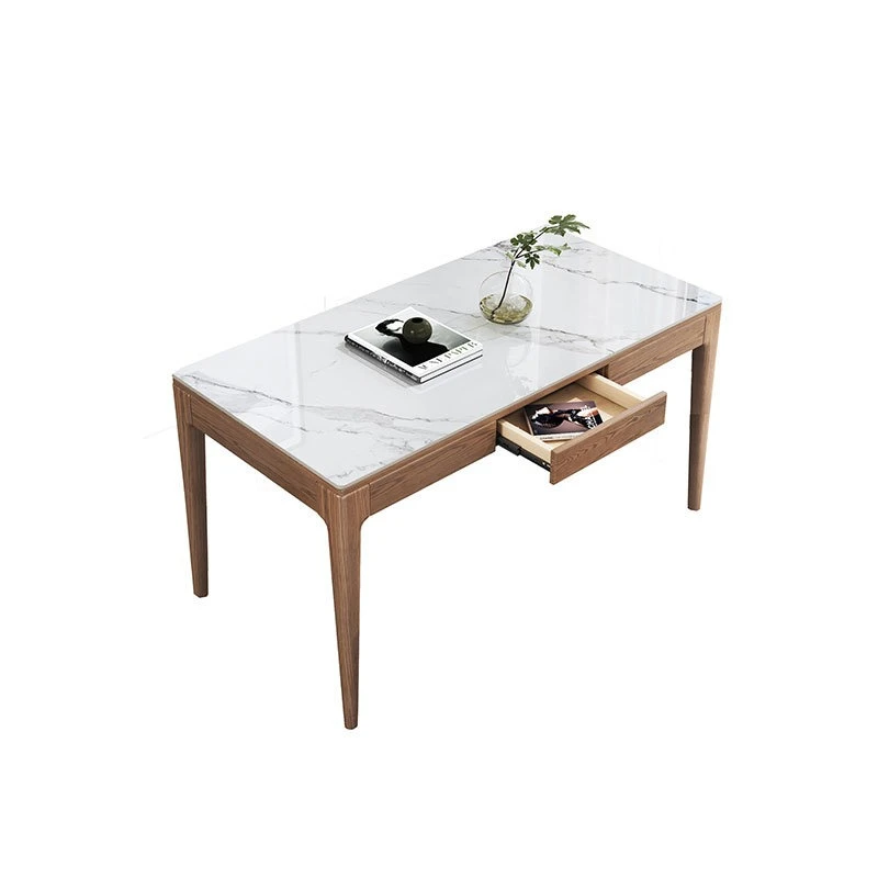 

Nordic solid wood dining table and chairs household rectangular small apartment rock slab white wax