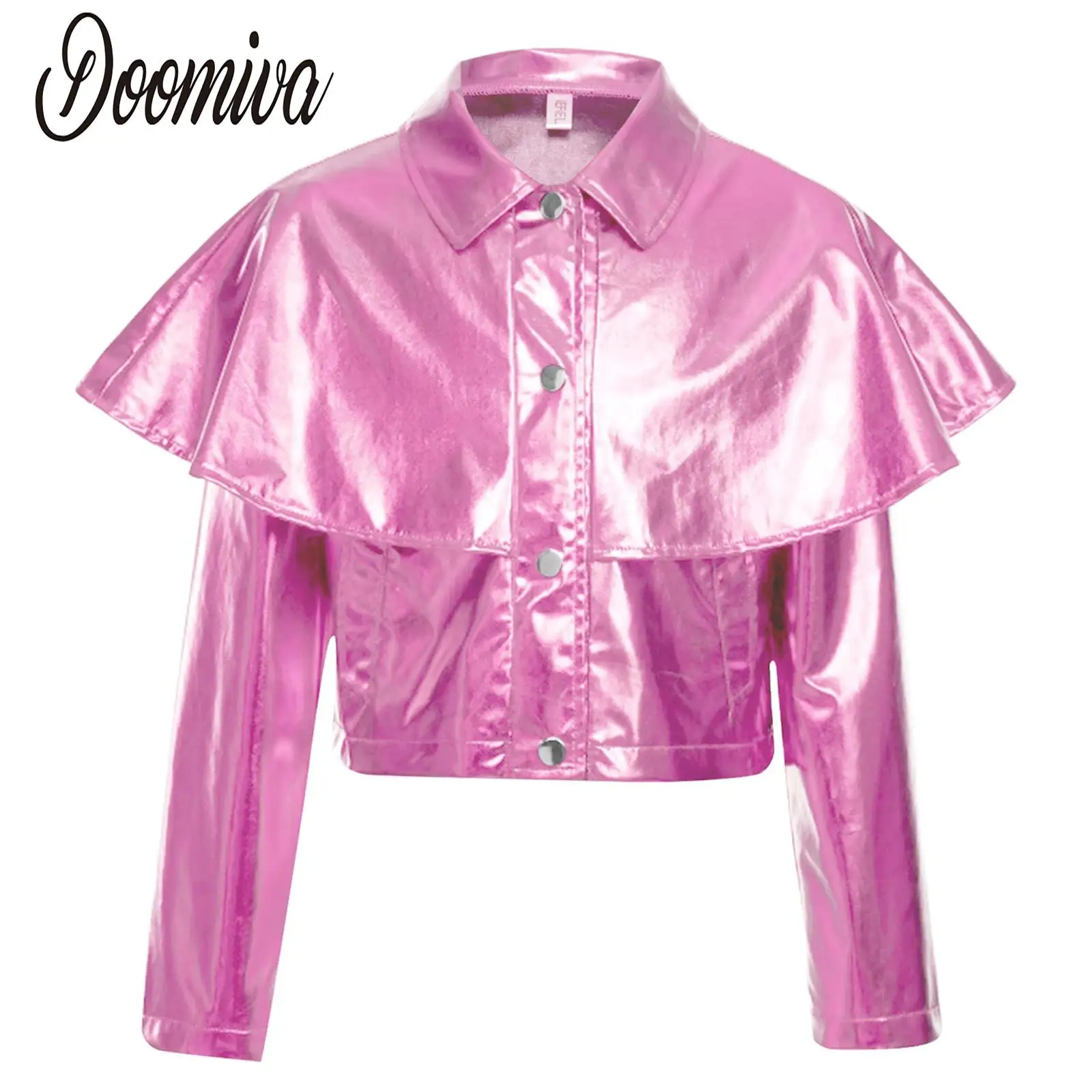 

Kids Girls Jazz Dance Bomber Jacket Disco Tops Metallic Gloss Shiny Turn Down Collar Long Sleeve Buttons Coat for Hip-hop Party