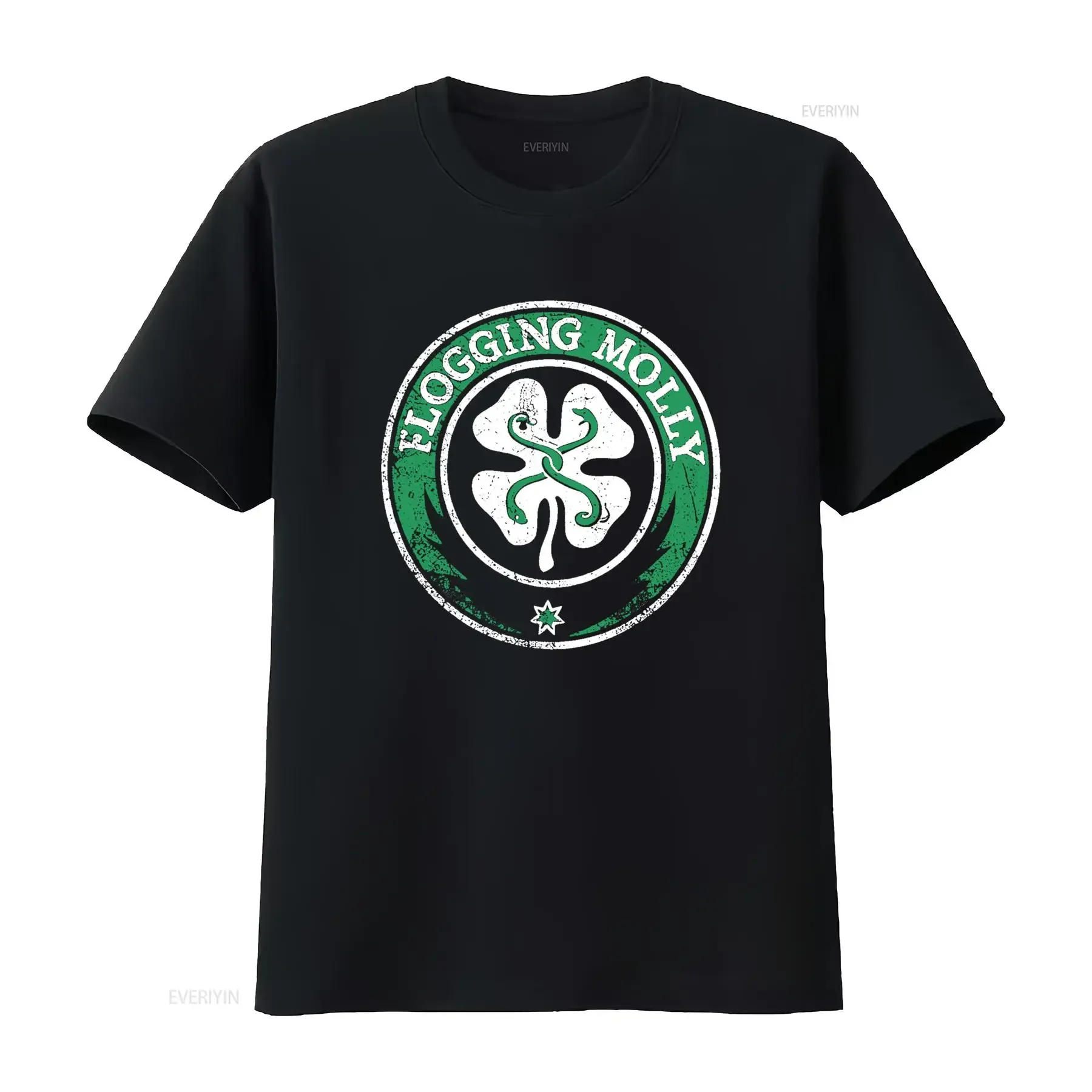 Flogging Molly Mens Rock and Roll Music Classic Band T Shirt New Black with Four Leaf Clover Snake Design vintage Washed