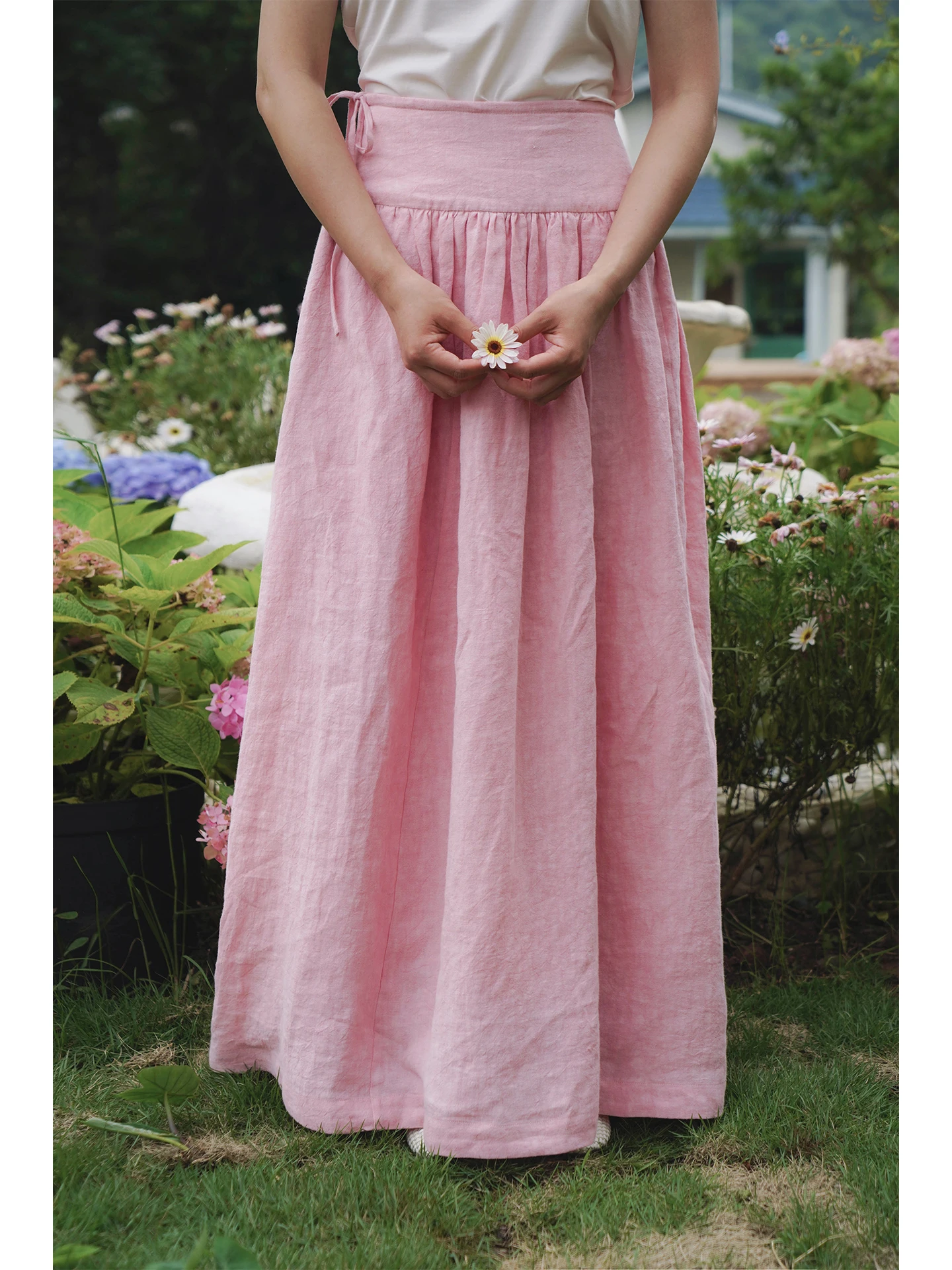 

Pink Linen High Waist A-Line Skirt Jevotique Commute Pure Color Ladies High Waist Loose Fit Summer 2025 Daily Wear