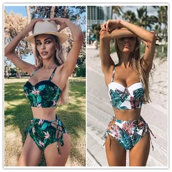 High Waist Swimwear 2024 New Leaf Print Bikinis Women Swimsuit Vintage Retro Bathing Suit Halter Biquini Maillot de bain femme