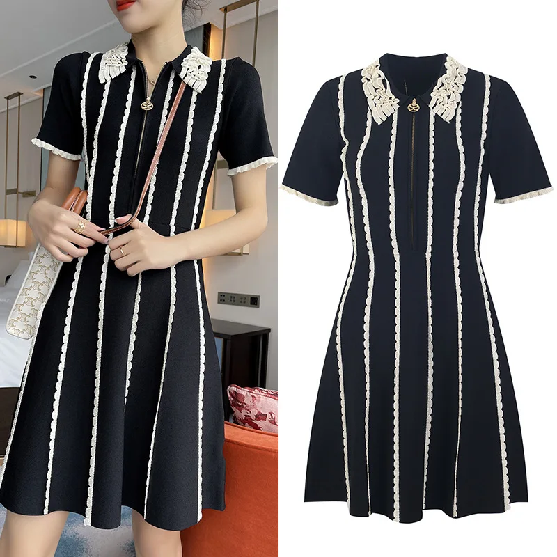 

Slimming Effect Knitted Dr Zipper Waisand ort Sve Women's Faion Korean Sle Summer 2025 Collar Midi Dr