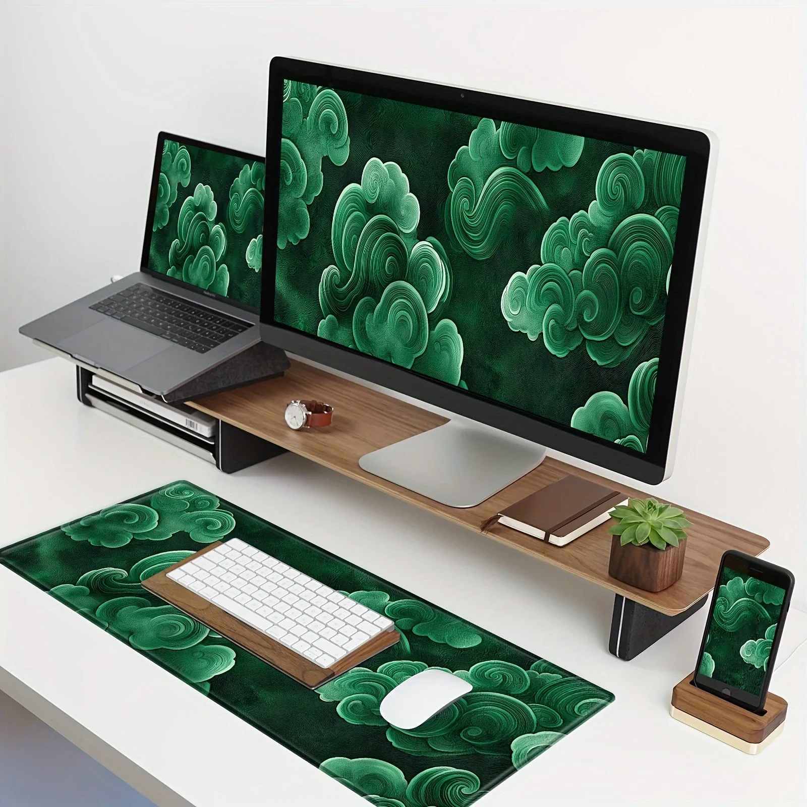 Oversized Gaming Mouse Pad, Non-slip Rubber Base, Stitched Edges, with Green Cloud Pattern, Suitable for Work and Gaming