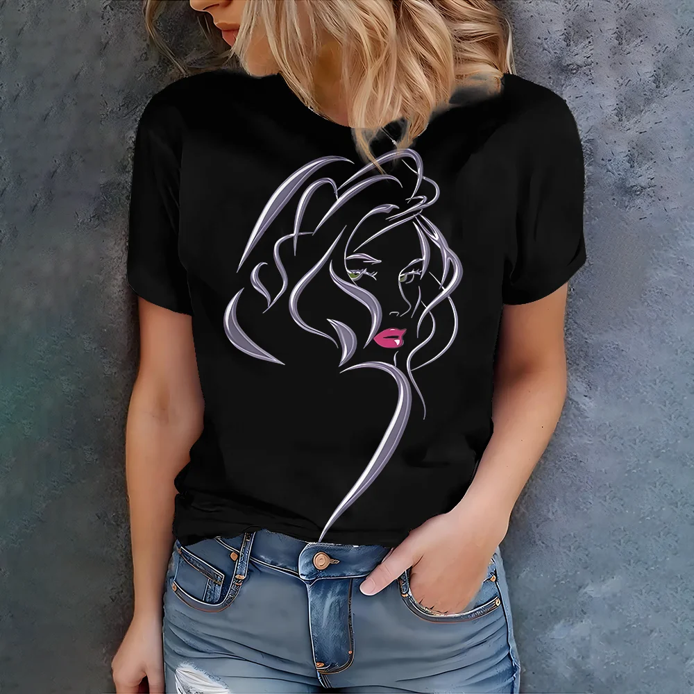 

Модная женская летняя новинка, модная черная абстрактная футболка с круглым вырезом и короткими рукавами с принтом лица, элегантная повседневная футболка