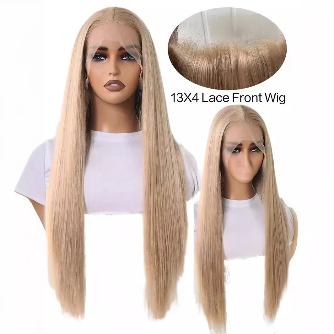 

wig blond high temperature silk front lace headgear, smooth long straight hair, free division