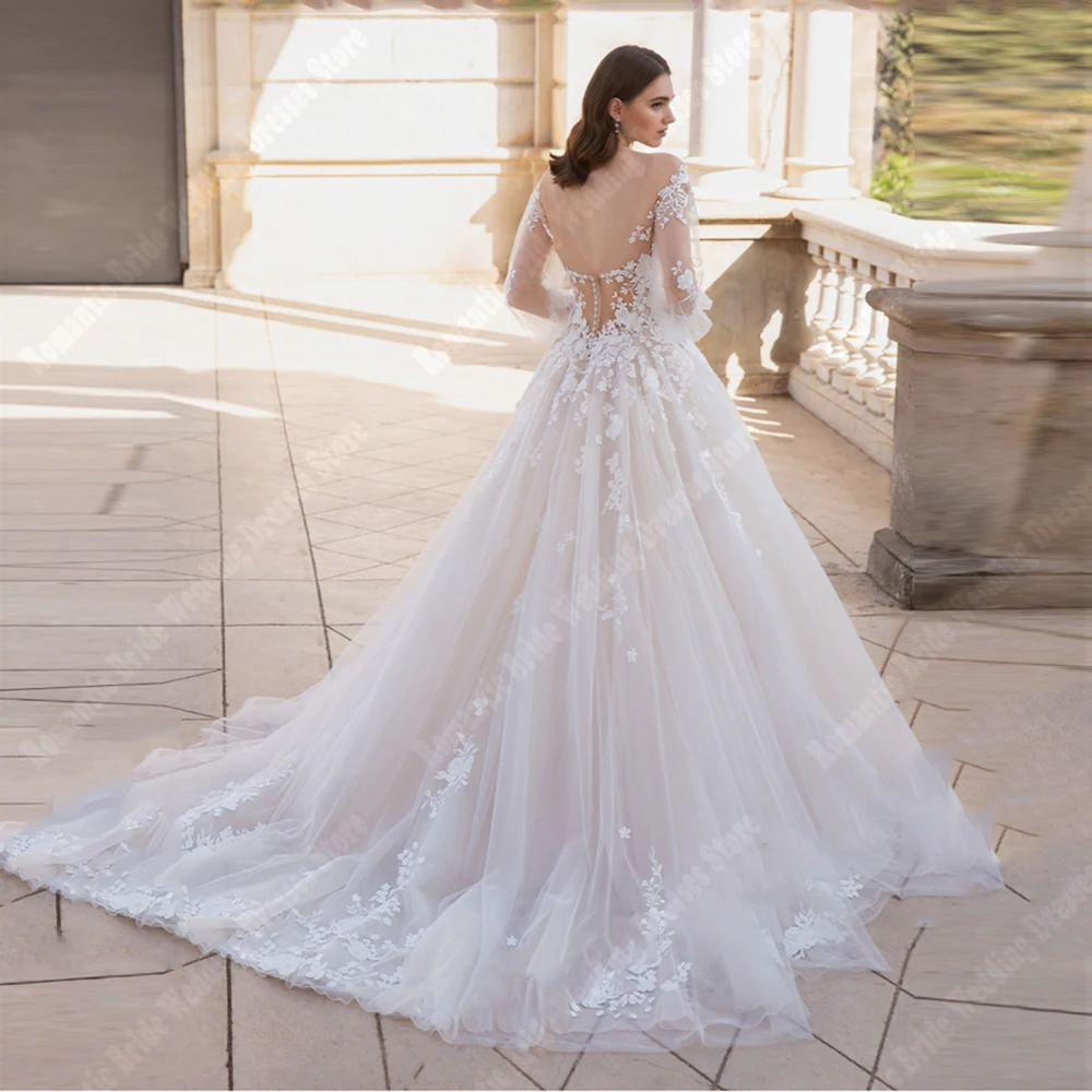 Elegante Elfenbein A-Linie Frauen Brautkleider romantische Tüll Oberfläche Brautkleider Spitze Druck Prinzessin rücken freie Vestidos de Novia