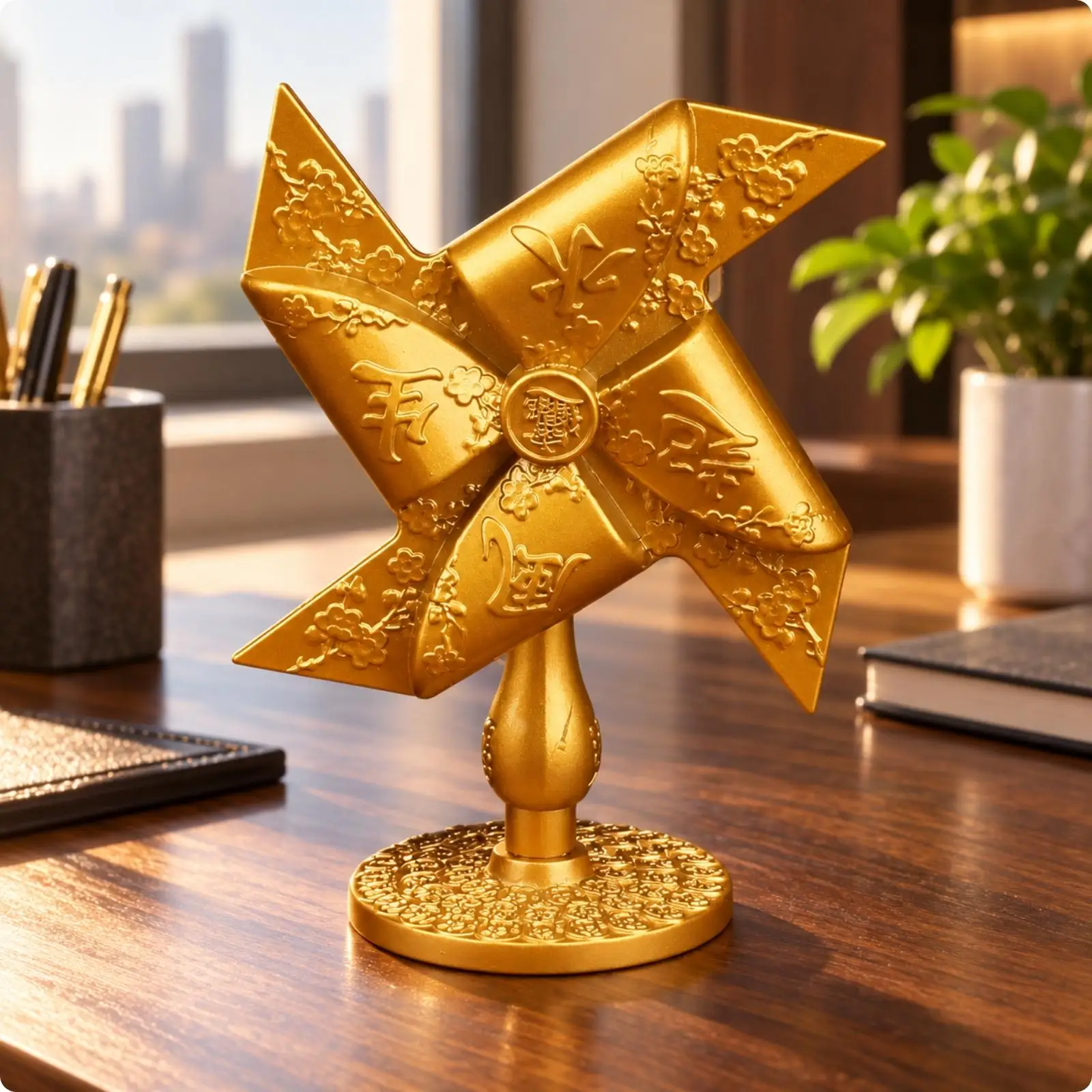 Feng Shui Inspired Office Windmill Decor Polished Alloy Rotating Pinwheel with Stand for Business Shelf Display