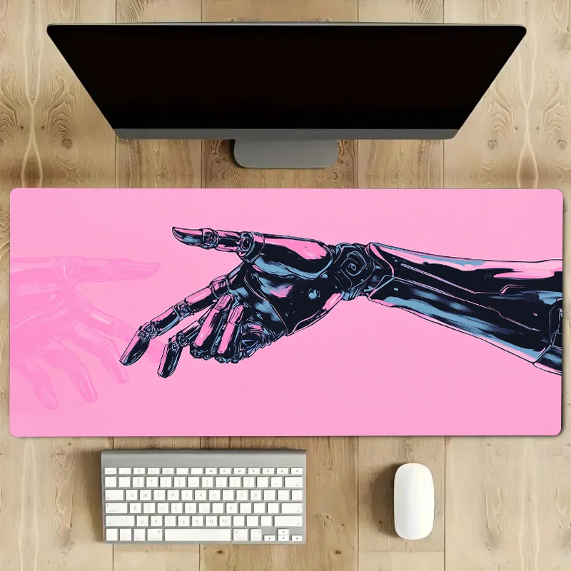 لوحة ماوس كبيرة جدًا غير قابلة للانزلاق مع خلفية وردية يدوية روبوتية، سجادة ألعاب مزخرفة RV من البوليستر ومكتب مكتب، طاولة قهوة