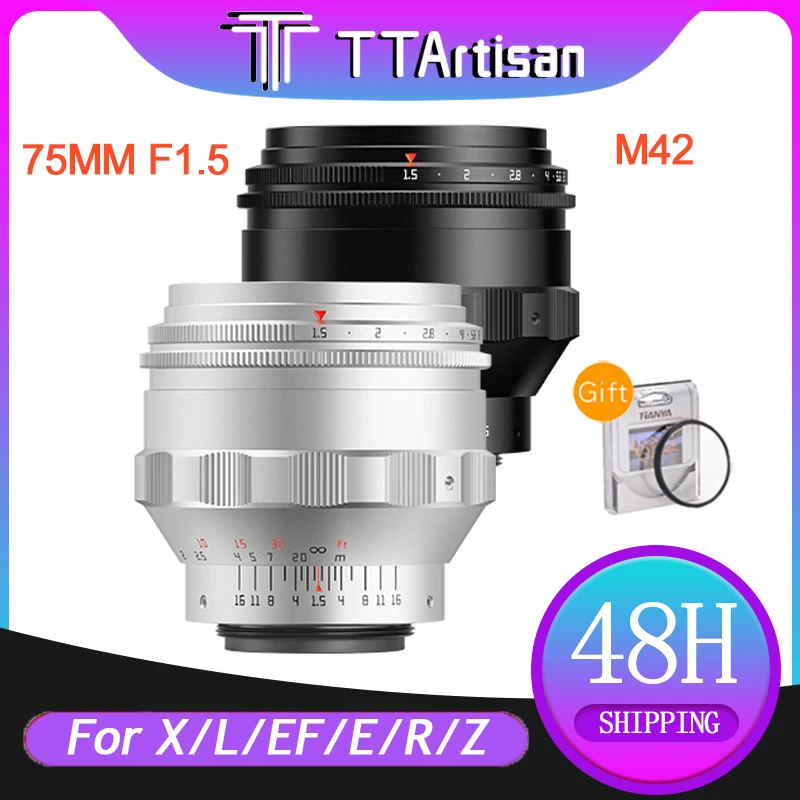 TTArtisan 75 мм F1.5 M42 Полнокадровый объектив с ручной фокусировкой и переходными кольцами для камеры Fuji Sony Canon Leica