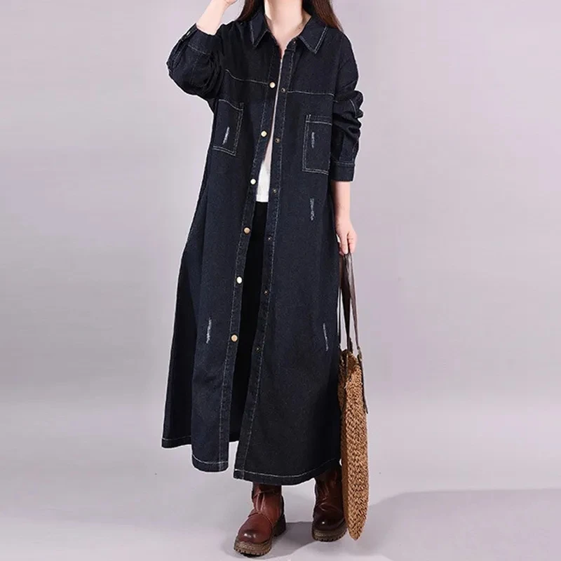 2025 Spring Autumn New Women's Retro Long Denim Shirt Coat Streetwear Female Loose Casual Cardigan Windbreaker Overcoat