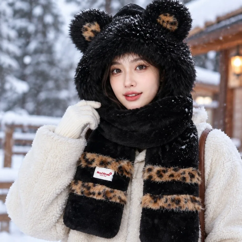 Personality Ear Protection Bear Ears Hat Winter Bib Hooded Scarf Thickened Faux Rabbit Fur Winter Beanie Cycling