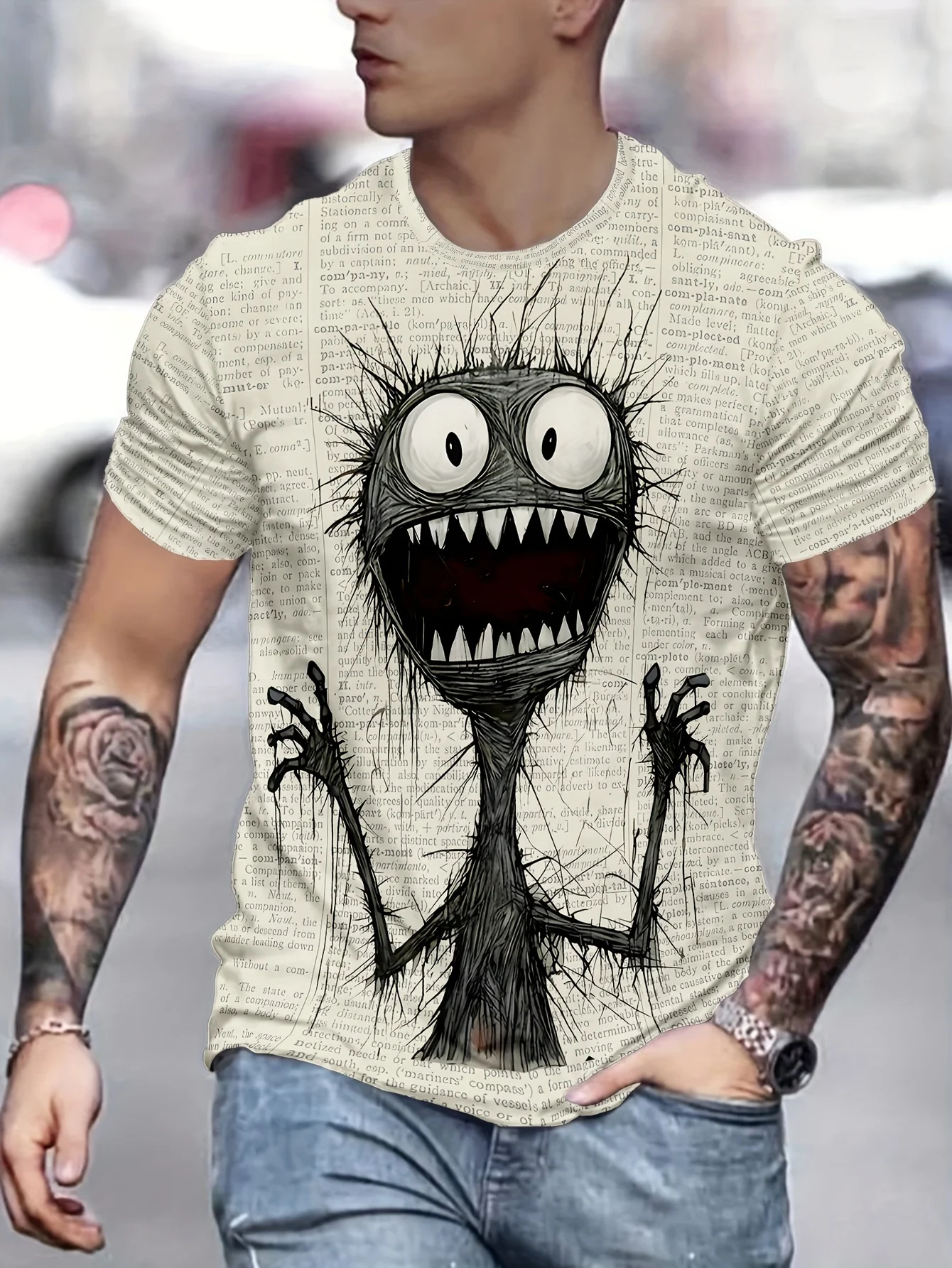 Men\'s Monster Graphic Print Short Sleeve Crew Neck Tee, Men\'s Clothing For Summer Soft Slight Stretch Polyester Blend Fabric